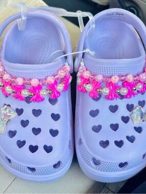 Crocs inspired/Lilac Kids Heart Clogs with Pink Bead Trim